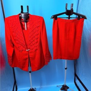 Lisa Rene Red Beaded Skirt Suit Set Size 8